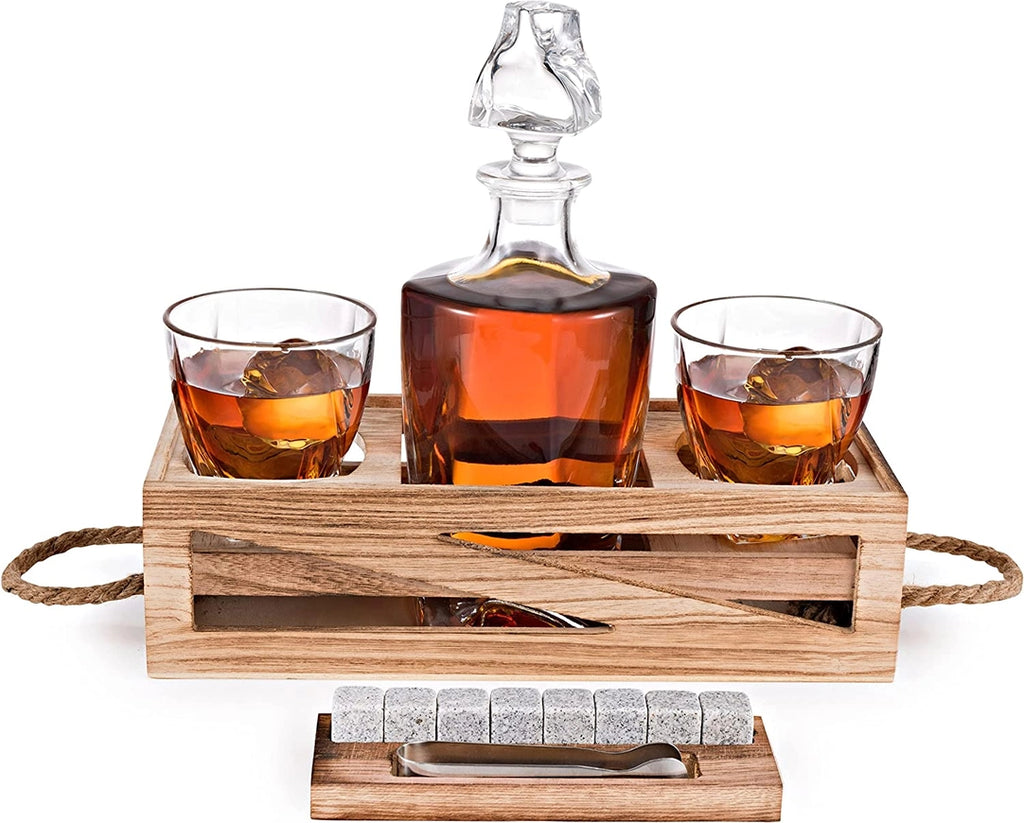 Decanter and 2 Whiskey Glasses with Chilling Rocks Stones