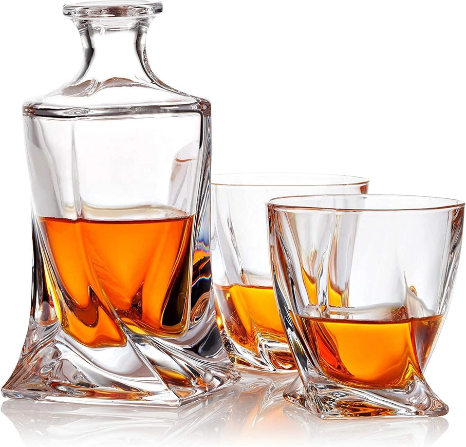Decanter and 2 Whiskey Glasses with Chilling Rocks Stones