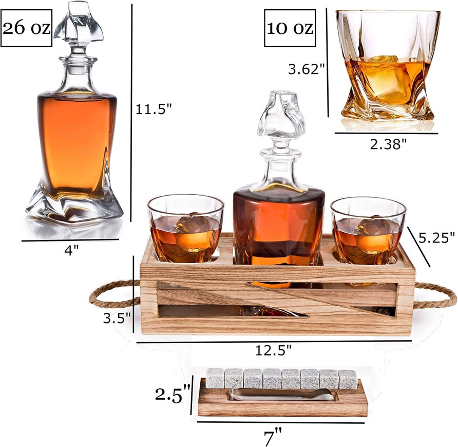Decanter and 2 Whiskey Glasses with Chilling Rocks Stones
