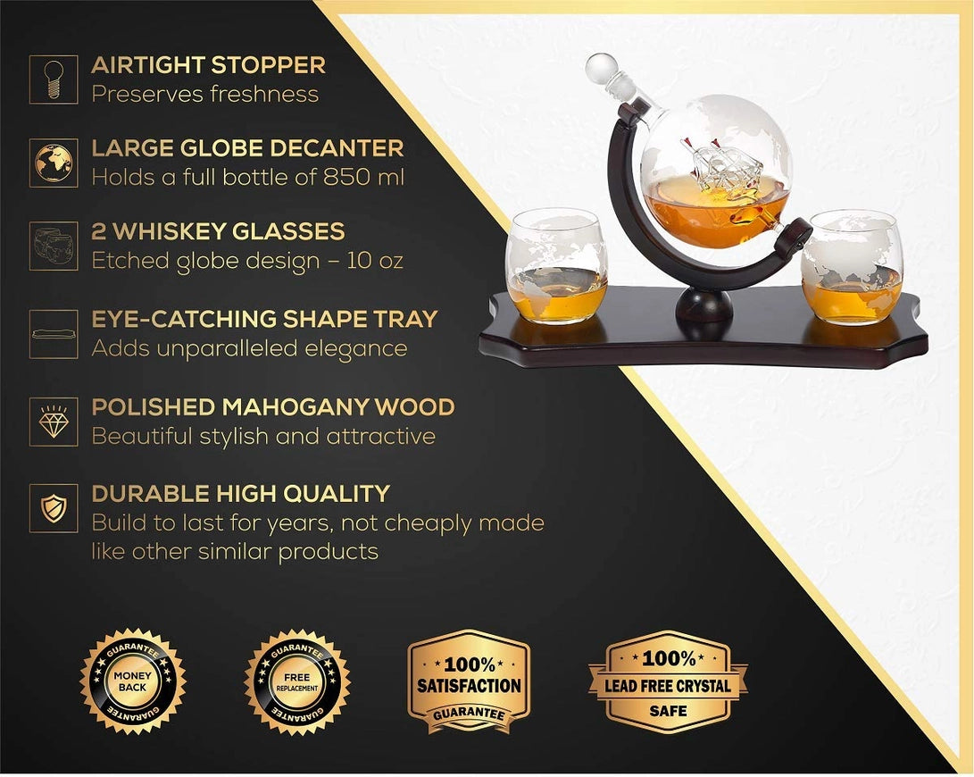 Etched Globe Whiskey Decanter Set + 2 Whisky Glasses