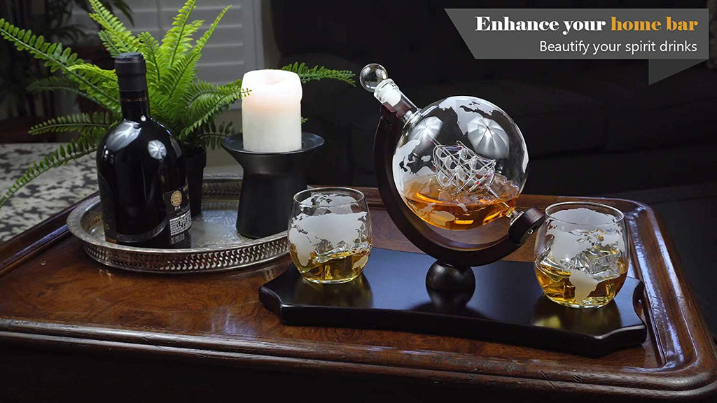 Etched Globe Whiskey Decanter Set + 2 Whisky Glasses
