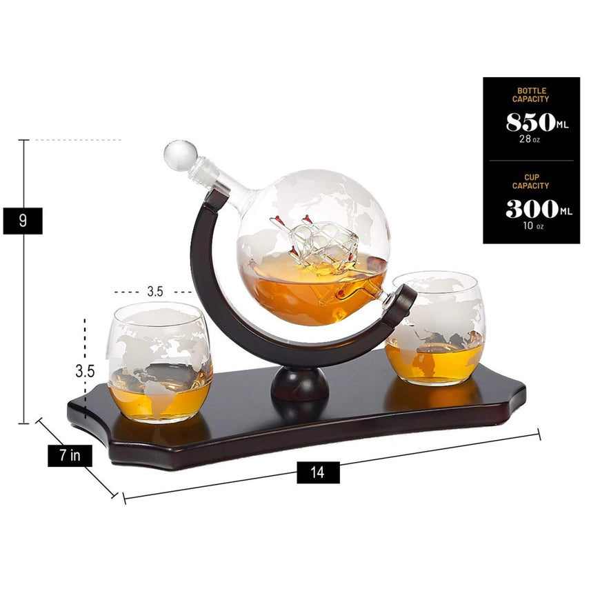 Etched Globe Whiskey Decanter Set + 2 Whisky Glasses