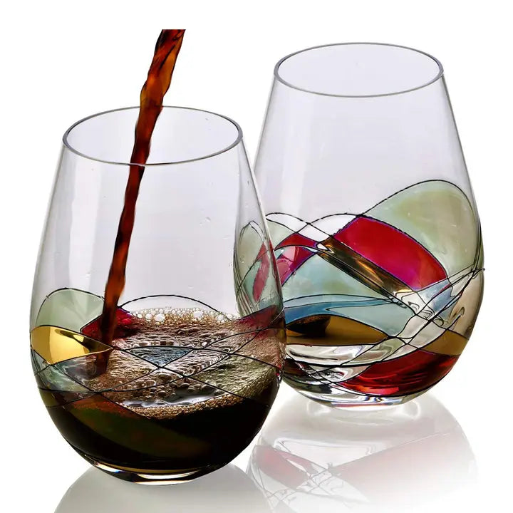 Hand Painted Stemless Wine Glasses Set of Two