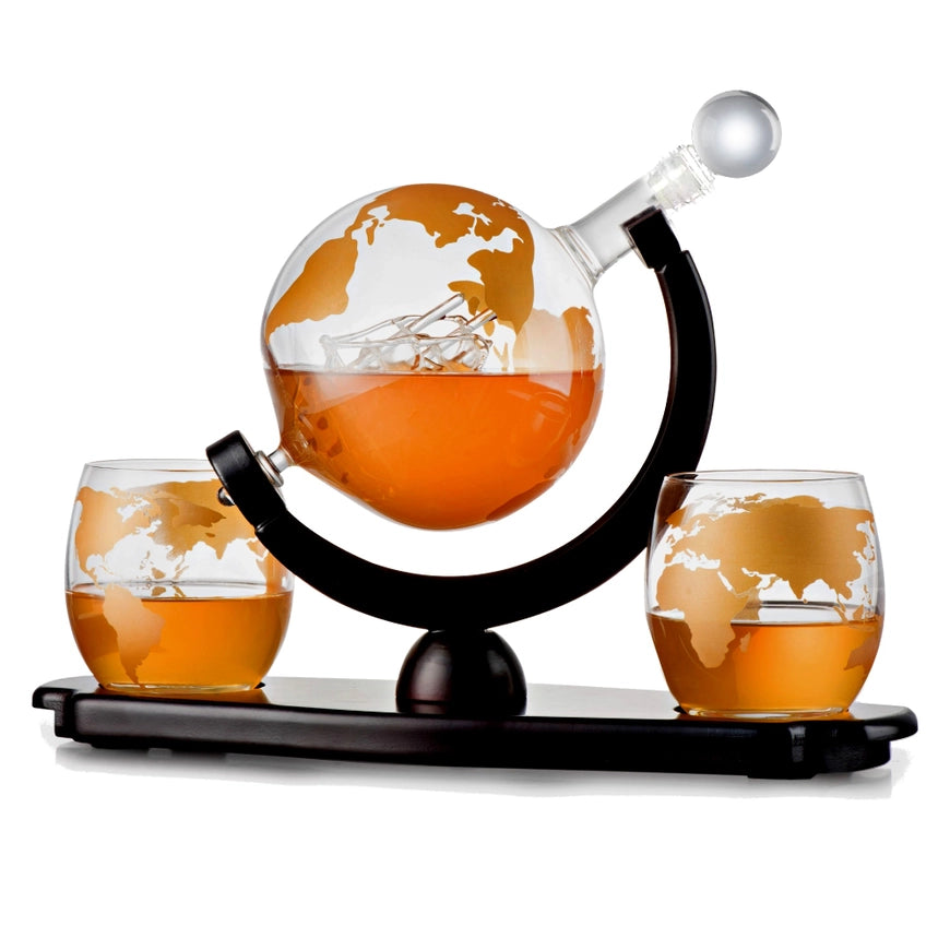 Gold Etched Whiskey Decanter Globe Set