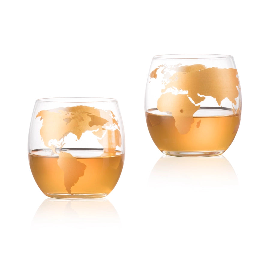 Gold Etched Whiskey Decanter Globe Set