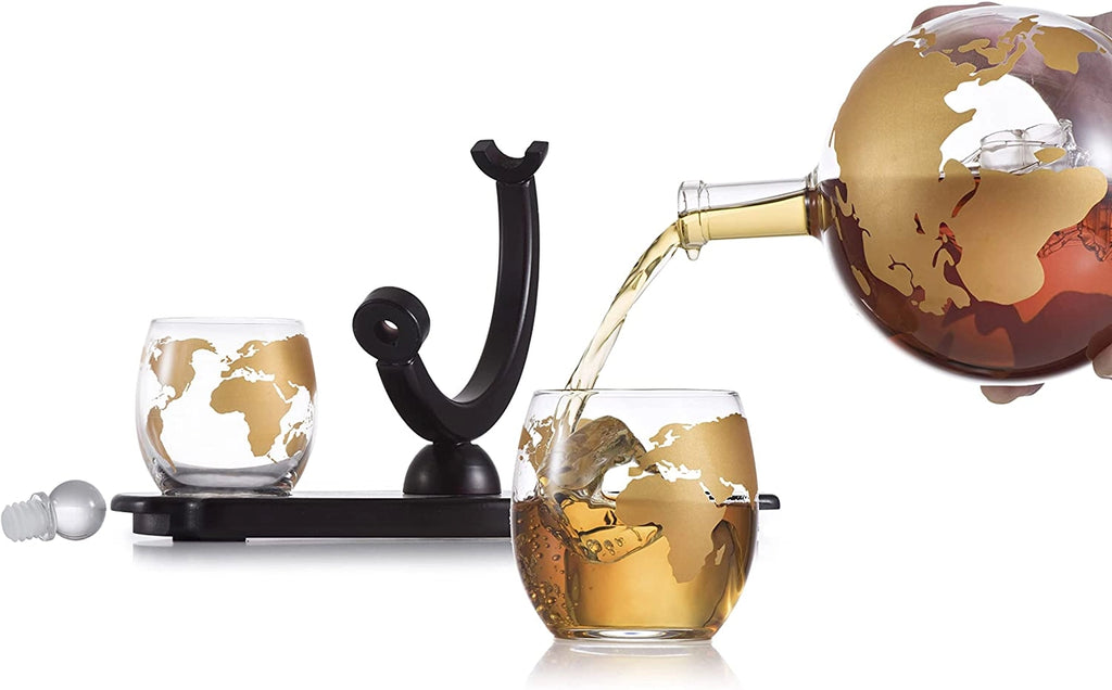 Gold Etched Whiskey Decanter Globe Set
