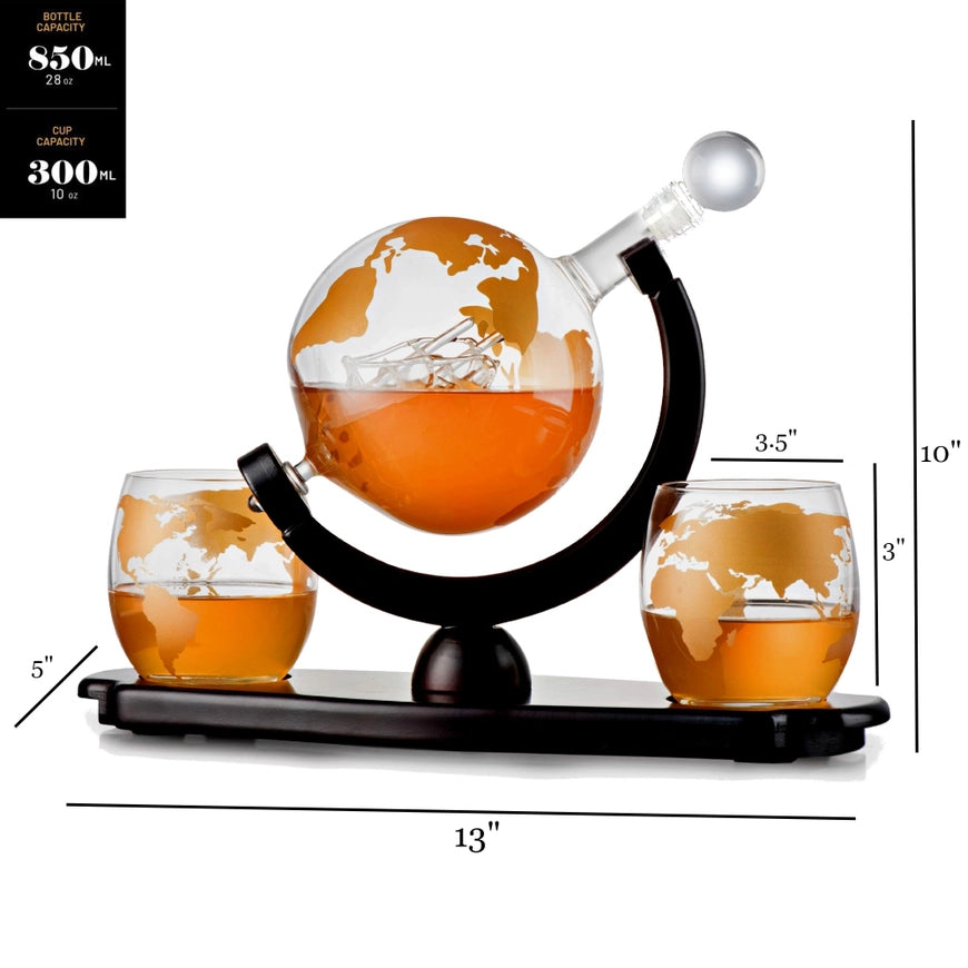 Gold Etched Whiskey Decanter Globe Set